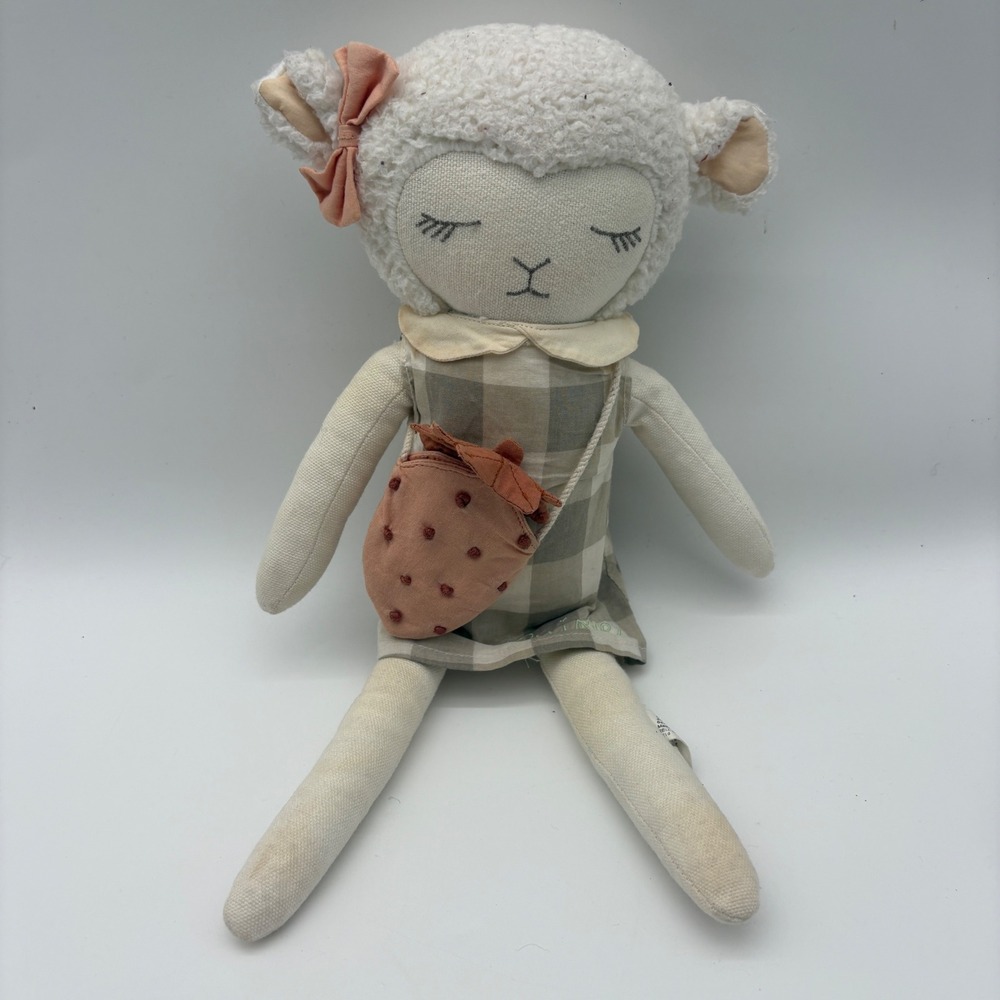 Hallmark Babies Lamb Plush Doll Brixie Gingham Dress Strawberry Purse Cream Tan